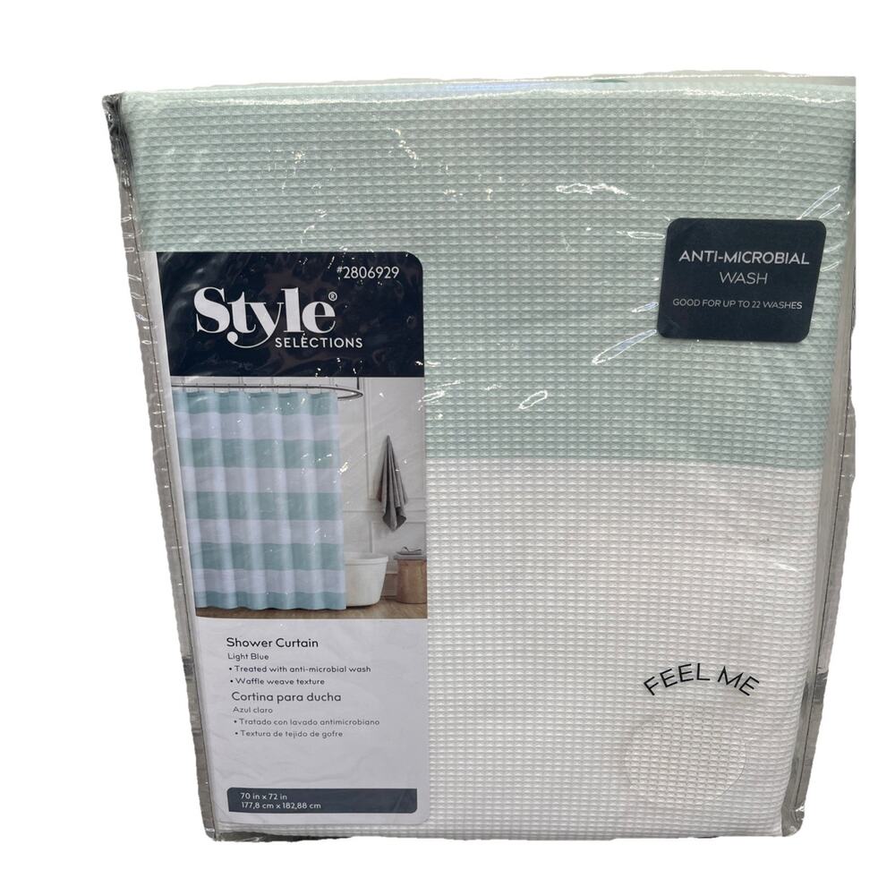 Style Selections Shower Curtain Blue Stripes Anti Microbial 70”x72”. {51}.
